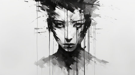 a black woman's head is depicted in a manga-inspired style, with splattered black spots adorning her face. this monochrome painting by olivier valsecchi showcases intense emotional expression and pixelated realism. the use of inky shadows adds depth to the artwork, created by sergey musin. ai generatedの素材