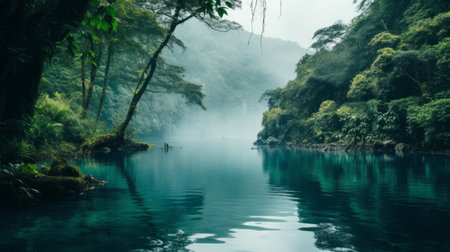 a river flows through a vibrant tropical forest, surrounded by lush greenery. the photo captures the serene and misty atmosphere, with its dark aquamarine and teal tones. shot in 8k resolution, this nature-inspired imagery showcases the pensive stillness of the scene. the traditional chinese influence and the use of ferrania p30 film add a unique touch to the composition. ai generatedの素材
