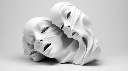 a white sculpture featuring two very large faces, resembling aggressive digital illustrations. the sculpture captures psychological phenomena and showcases flowing draperies. the matte photo highlights the three-dimensional puzzle-like structure of the sculpture, portraying a sense of romantic drama and fragmented bodies. ai generatedの素材