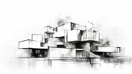 a pencil sketch of a modern building, featuring cubist elements and conceptual digital art. the sketch is created in the style of inkblots, with transparent layers and a modular design. the artwork showcases bold yet graceful lines, resembling an ink wash painting. ai generatedの素材