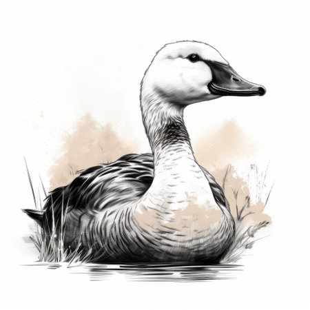 an engraving of a goose in white ink, showcasing the digital painting and drawing style. the artwork features realistic landscapes with soft, tonal colors, reminiscent of the works of florian nicolle. the detailed character design is reminiscent of aleksandr deyneka's illustrations, while also evoking the charm of beatrix potter's creations. ai generatedの素材