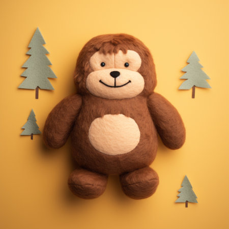 a high-quality photo of a stuffed toy bear made entirely of moss. the bear is designed in a cartoon-inspired pop style, featuring warm colors from a monochromatic color scheme of light yellow and brown. the smokey background adds a mysterious jungle vibe to the image. ai generatedの素材