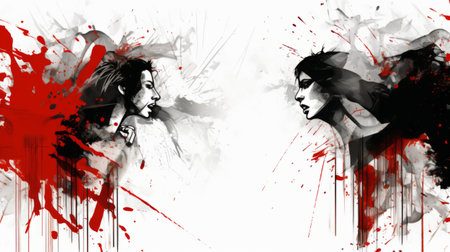 two women with gothic-inspired makeup and splatter effects on their faces are depicted in this dark and captivating illustration. the style draws inspiration from gothic art, combining elements of dark and light, with a mix of white and light red hues. the artwork showcases the influence of miyamoto musashi, xbox 360 graphics, and black and white drawings. the contrast between raw and finished details addsの素材