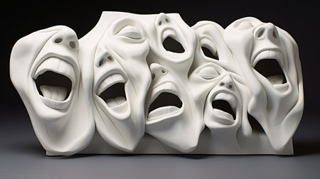 two sculptural faces with expressive mouths are depicted in this photo. the detailed crowd scenes surrounding them add a sense of dimensionality to the porcelain sculptures. the use of ambient occlusion enhances the overall effect, while the comical choreography and smilecore aesthetic bring a playful element to the composition. flowing draperies complete the captivating scene. ai generatedの素材