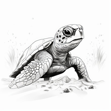 a black and white photo of a turtle swimming in the ocean. the turtle is depicted in a detailed character illustration style, with aggressive digital illustration techniques and hyper-realistic animal features. the charming character illustration showcases the turtle's beauty and strength. the photo has a desertwave aesthetic, with hatching and a low-angle perspective adding depth and drama to the composition. ai generatedの素材