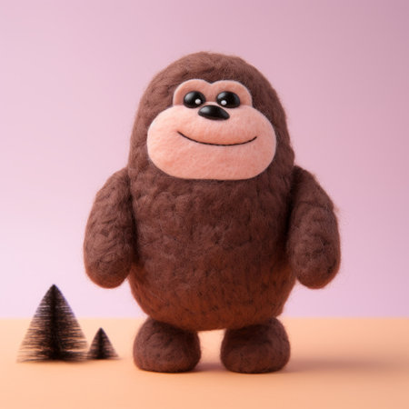 a furry, grey gorilla is depicted in this adorable toy sculpture. rendered in cinema4d, the gorilla sits on a pink background, showcasing the artist's skill in creating felt creations. the dark brown color and crosshatched shading add depth and texture to the sculpture, which is a part of oleksandr bogomazov's group material. ai generatedの素材
