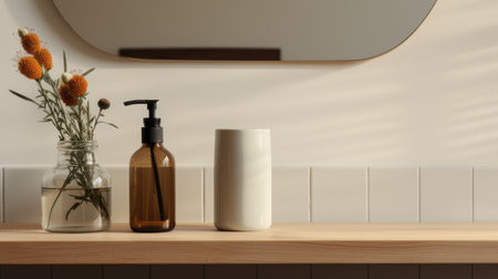 the bathroom features a sleek sink and mirror, complemented by a touch of nature with some beautiful flowers. rendered in cinema4d, the lighting creates a soft ambiance with a mix of white and amber tones. captured with a sony fe 85mm f/1.4 gm lens, the photo showcases the essence of japanese minimalism. the realistic portrayal of light and shadow enhances the minimalist ceramics, creating aの素材