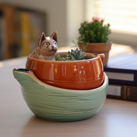 a small pot featuring a cat is depicted in this photo. the pot is designed in a light brown and green color scheme, with a pop-culture-infused and multi-layered style. the artwork showcases sharp attention to detail, incorporating elements of tenwave and caninecore aesthetics, resulting in a realistic portrayal. ai generatedの素材