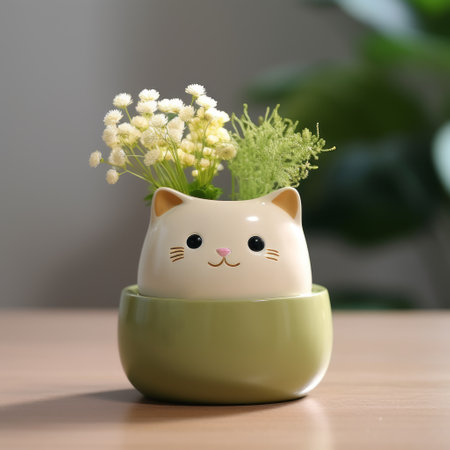 flowering planters featuring a cute cat, adorned in light green and light beige hues, are beautifully captured in soft lighting with a konica big mini camera. the cat's strong facial expression adds character to the image, while the light amber and white tones evoke a sense of environmental awareness. the overall composition is enhanced by the contrasting shades of light green and dark blue. aiの素材