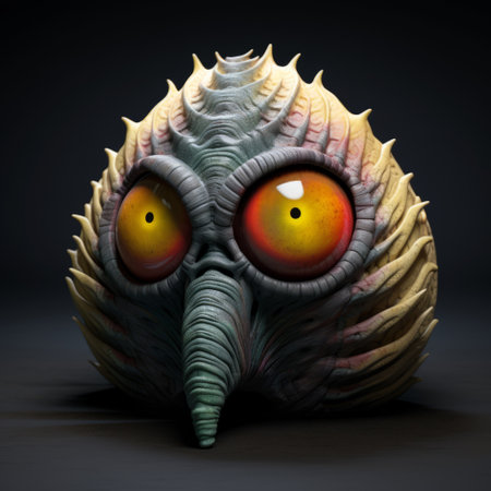 a hyper-realistic clam figurine with yellow eyes is showcased in this photo. the figurine is set against a black background, reminiscent of the style of filip hodas. vibrant color gradients, inspired by maurice sendak, add a captivating touch. the clam also features a hint of grotesque character, influenced by patrick dougherty. the image has been digitally enhanced to enhance its visual impact. ai generatedの素材