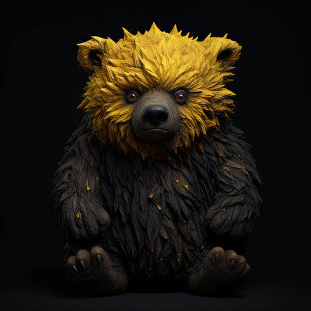 a hyper-realistic bear figurine with yellow eyes is showcased against a striking black background. this artwork, reminiscent of filip hodas' style, features vibrant color gradients inspired by maurice sendak. the figurine also incorporates a touch of grotesque character, drawing inspiration from patrick dougherty. the final piece is digitally enhanced to enhance its visual impact. ai generatedの素材