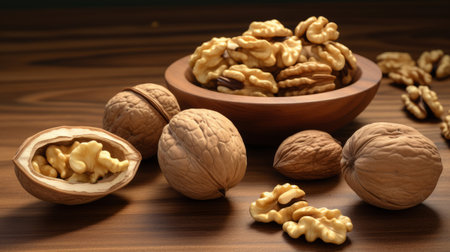 a photo of walnuts, captured in the style of vray tracing, showcasing their natural beauty. this high-resolution image, rendered in 32k uhd, highlights the intricate details of the nuts. the wooden background adds a touch of warmth to the composition. digitally enhanced to ensure accuracy, this eye-catching photo by kerem beyit is sure to captivate viewers. ai generatedの素材
