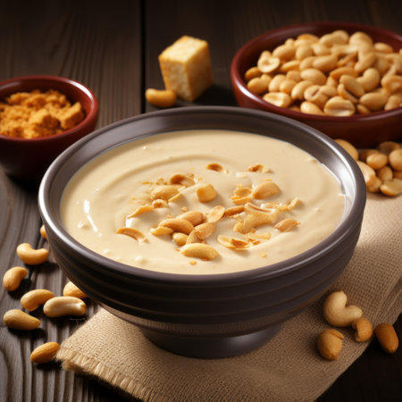 a dish featuring a delectable combination of flavors, including peanuts, is beautifully presented in this photograph. the dish showcases a light yellow and beige color palette, reminiscent of the precisionism art movement. crafted with precision, the cheese-based creation exudes a smooth texture. the image captures the essence of provia and daguerreian styles, creating a visually appealing culinary masterpiece. ai generatedの素材