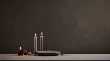 three candles arranged in the center of a black plate, showcasing a captivating blend of dark gray and dark beige tones. this tabletop photograph draws inspiration from folklore and embraces an austere simplicity. the reimagined industrial light and magic adds a touch of romance to the scene, creating a mesmerizing visual experience. ai generatedの素材