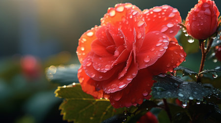 red roses with a water droplet on the leaves, showcasing the stunning beauty of nature. the vibrant colors of orange and crimson create a captivating visual in this tranquil gardenscape. with a strong emotional impact, the humble charm of these roses is enhanced by the flickering light, making it hard to believe just how beautiful this scene is. ai generatedの素材