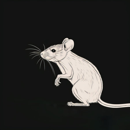 a white mouse, depicted in detailed linework, walks gracefully across a dark background. the illustration showcases pensive poses and a striking contrast between dark black and light beige tones. this artwork falls under the category of psychological phenomena illustrations, featuring intricate depictions of wildlife with elongated and dramatic features. ai generatedの素材