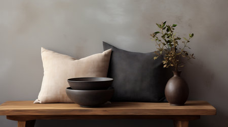 the table features two gray cushions and two black pots with a plant, creating a rustic still life. the photo showcases textured fabrics, simplicity, and a monochromatic color palette of brown and black. with its textural and layered elements, this high-quality image captures muted earth tones in a visually appealing way. ai generatedの素材