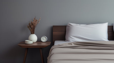 a minimalist bed setup featuring a lamp, pillows, and a lamp stand is placed next to a gray wall. the photo showcases a dark and muted color scheme with highly polished surfaces. the 8k resolution captures the details of the muted hues, while the overall aesthetic exudes a clockpunk vibe with gray and brown tones. ai generatedの素材