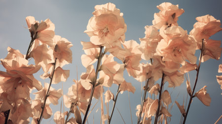 flowers stand untouched against a blue sky, showcasing organic forms and a dreamy color palette. the muted tones of light orange and light beige create a monochromatic artwork, reminiscent of burne-jones' style. rendered in unreal engine, the image exudes a sense of tranquility with its light pink and beige hues. ai generatedの素材