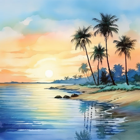 a watercolor painting of a beach with palm trees, showcasing the romantic landscape style. the artwork features a combination of light orange and dark cyan hues, creating luminous reflections. the elaborate landscapes capture the essence of the coastal scenery, with a palette of light sky-blue and dark violet. this traditional oceanic art portrays lively and captivating coastal landscapes. ai generatedの素材