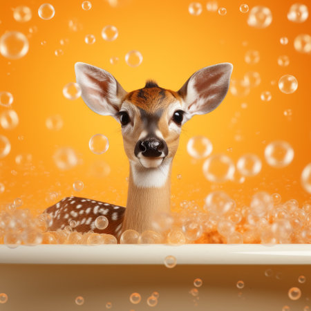 a deer in the bathtub, surrounded by a bubble of bubbles, captures the playful yet sophisticated style of miki asai, jessica drossin, and patricia piccinini. the dark beige and orange tones add a touch of warmth to the scene, while the deer's distinctive nose stands out in light yellow and orange hues. ai generatedの素材