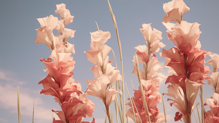 tall flowers in pink and beige hues, resembling the style of unreal engine 5. this photo captures the essence of artists like elsa bleda, hyacinthe rigaud, and scarlett hooft graafland. the realistic and detailed rendering of the flowers is digitally enhanced, creating a visually captivating image. ai generatedの素材
