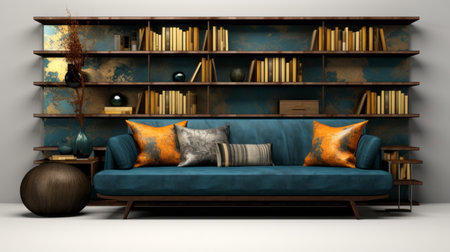 a bookcase piece, in dark azure and dark amber, sits on a white surface with cushions and an ottoman. the image is elongated and dramatic, with a sense of long distance and deep distance. luxuriant textures and a limited color range create a sharp and angular aesthetic, while flowing textures add a sleek touch. ai generatedの素材