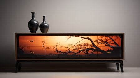 a wood cabinet with japanese-inspired artwork sits next to the desert, featuring dark gold and light amber tones. the panoramic image showcases a motion blur effect, highlighting the detailed nature depictions. made of glass, the cabinet exudes a distinctive character design. this high-resolution 8k photo captures the beauty of the japanese-inspired imagery. ai generatedの素材