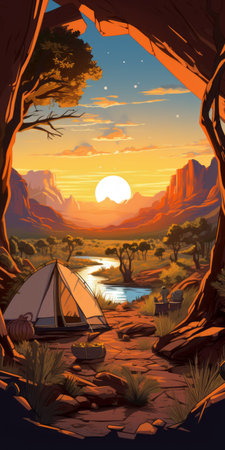 a tent stands in an open natural cave landscape, surrounded by trees and rivers. the bold graphic illustration style, warm color palette, and realistic renderings create a mesmerizing scene. this desertwave-inspired artwork captures the beauty of nature with hyper-detailed renderings and free brushwork. windows vista users will appreciate the stunning visuals this illustration offers. ai generatedの素材