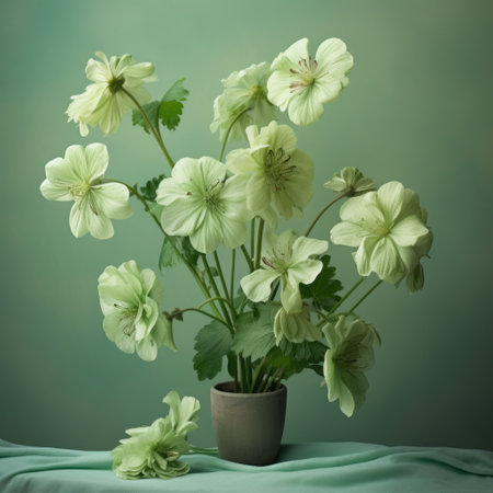 a vase of white flowers, beautifully arranged on a white cloth, is captured in this national geographic photo. the composition, enhanced digitally, showcases the grandiose color schemes of light green and light cyan. taken with the sigma 85mm f1.4 dg hsm art lens, the image portrays an eerie yet naturalistic depiction of flora and fauna. ai generatedの素材