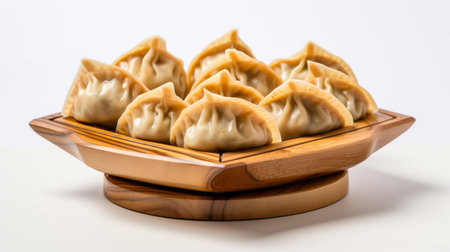 a mouthwatering photo of dumplings floating in the air, showcasing their deliciousness. our product photography captures the essence of these delectable treats. with a clean white background and a realistic display stand, your cake will truly stand out. the warm and inviting home-style advertisement will entice customers, while the bright lighting and high level of detail highlight the exceptional quality of your product. ai generatedの素材