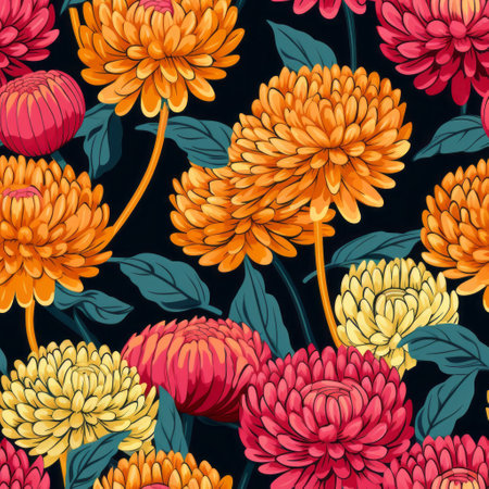 chrysanthemum seamless pattern featuring vibrant orange and blue flowers. the design showcases a combination of dark pink and light black, creating a high-contrast and realistic effect. the flowers are hand-colored in shades of light yellow and dark orange, while the background is adorned with dark emerald and orange hues. this traditional chinese-inspired pattern is presented in monochrome canvases. ai generatedの素材