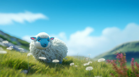 a cheviot, made of smooth rubber material, is depicted in this studio ghibli-inspired image. the photo features a tilt shift photography effect, ambient occlusion, and a vibrant baby cyan background. ai generatedの素材