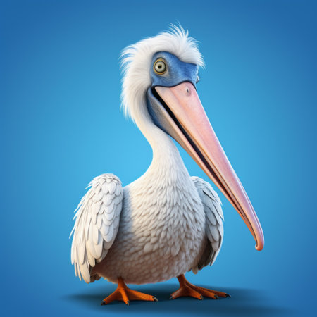 a colorful animated pelican, inspired by the style of raphael lacoste, stands out against a vibrant blue background. this witty and clever cartoon, reminiscent of bill gekas' work, showcases the pelican's white and gray feathers. with highly detailed illustrations akin to don bluth's creations, this uhd image captures the beauty and charm of this animated bird. ai generatedの素材