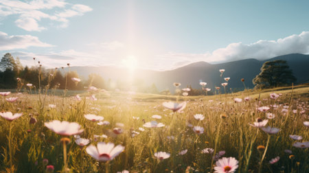 pink flowers bloom in the majestic mountains, showcasing the breathtaking beauty of nature. this stunning image, created in the style of unreal engine 5, captivates with its vibrant hues of light cyan and light amber. with a resolution of 32k uhd, it offers a realistic depiction of light, bringing the scene to life. marguerite blasingame's artistic touch and mikko lagerstedt's pastoral settings make this photoの素材
