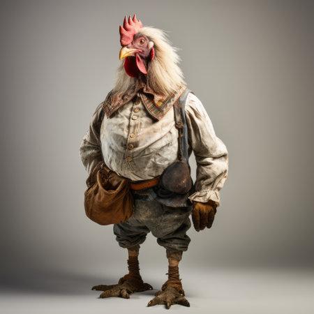 chicken holding umbrella on gray background, historical genre style, detailed costumes, animated film pioneer, national geographic photo, disfigured forms, heavily textured, explosive pigmentation. ai generatedの素材