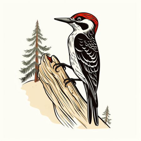 a red ruffed woodpecker perches on a log surrounded by pine trees. the minimalistic drawing style, with its light beige and black colors, creates a high-contrast realism. the image evokes classic tattoo motifs and editorial illustrations, reminiscent of the lively illustrations of tom thomson. ai generatedの素材