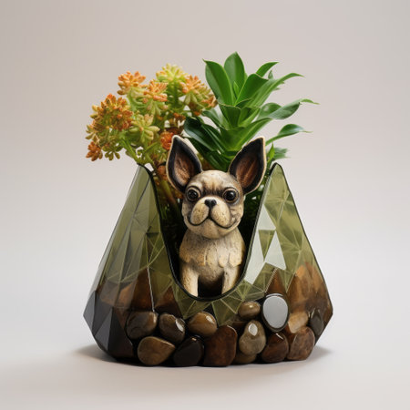 a 3d render of a dog planter, inspired by crystal cubism, showcases vray tracing and earthy naturalism. this unique piece is crafted using insects, miniature and small-scale paintings, gemstones, and multi-layered compositions. ai generatedの素材