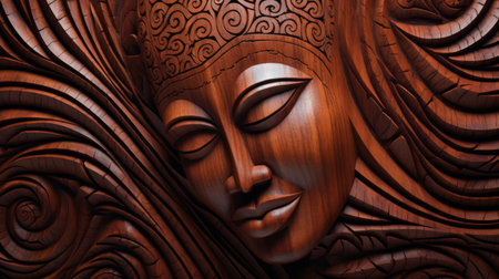 elaborate wood piece with a woman's face, showcasing an exotic atmosphere. this high-detailed artwork, rendered in maya, draws inspiration from buddhist art and architecture. the focus is on the materials used, resulting in a high-resolution piece with a captivating blend of dark brown and orange tones. ai generatedの素材