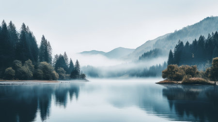 a photo of foggy mountains and a serene lake surrounded by an atmospheric woodland. the image showcases a waterfall flowing gracefully, while the light cyan and gray tones add a calming and moody ambiance. this english countryside scene captures the essence of nature, making it perfect for cabincore enthusiasts seeking tranquil and symmetrical imagery. ai generatedの素材