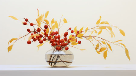 a super-realistic acrylic painting by vashti harrison featuring a detailed depiction of a red and gold willow in a vase. the artwork showcases clean lines and a minimalist style with flat colors. the artist's attention to detail and use of realistic muted colors create a visually stunning piece. the high-resolution painting is set against a white background. ai generatedの素材