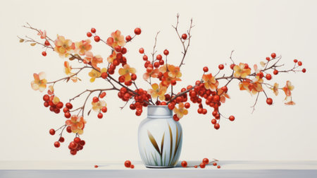 acrylic painting of hawthorn, featuring vibrant red and gold hues, displayed in a vase. the artwork showcases clean lines and a minimalist style, with flat colors and realistic muted tones. created by vashti harrison, the painting exhibits meticulous attention to detail and is captured in high resolution. set against a white background, this piece is visually striking and captivating. ai generatedの素材