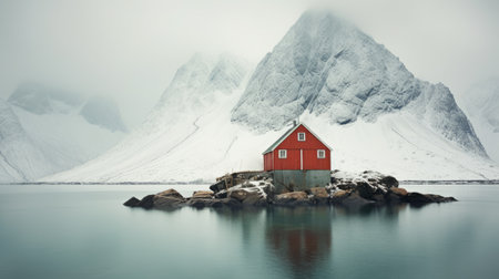 a red house sits on a frozen lake in this ethereal seascape stock photo by siiros pragsass. the light gray and dark emerald tones create a calm and serene beauty reminiscent of the works of tove jansson. captured by anton fadeev, this 20-megapixel image exudes a nautical charm. ai generatedの素材