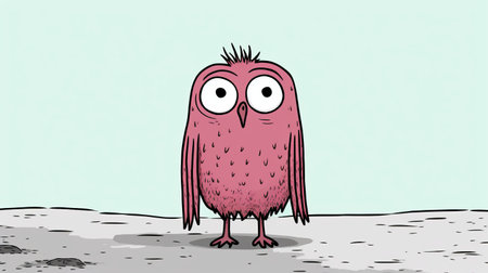 a small pink owl, inspired by comic cartoons, is depicted sitting on the ground. this hand-drawn animation captures the humorous tone with its stark and unfiltered style. the owl's design is reminiscent of filippo brunelleschi's spiky mounds, while also evoking the playful spirit of robert munsch's characters. ai generatedの素材