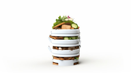 an empty food container filled with vegetables, showcasing an innovative composition. the container is designed in a combination of white and brown, with dusty piles of vegetables. the photorealistic rendering captures the details of the arrangement. this unique creation reflects the influence of norman foster, the spiral group, and the concept of the "death burger.", ai generatedの素材