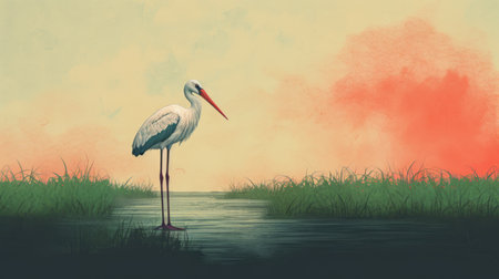 a long stork stands gracefully in the water, surrounded by a realistic landscape with soft, tonal colors. the whimsical character design adds a touch of charm to this 2d game art. the use of redscale film enhances the overall aesthetic, while brushstroke fields and bold graphic illustrations create a visually captivating scene. the finely textured brushwork adds depth and detail to this captivating image. aiの素材