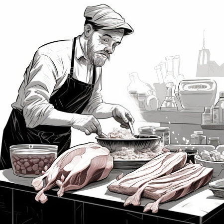 a man cooking with meat in an industrial urban scene. this illustration showcases darktable processing, clean and sharp inking, and a soft-edged, photo-realistic style. the lively tableau captures the essence of pigeoncore, creating a visually captivating image. ai generatedの素材