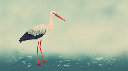 a white and black bird gracefully stands on the surface of water, captured in a simple yet colorful illustration style. this illustrative storytelling piece showcases light red and light navy tones, with rough-edged 2d animation techniques. the bird's realistic portrait is beautifully portrayed, while the elongated figures add a unique touch to the overall composition. ai generatedの素材