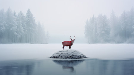 a deer stands gracefully on a snow bank near a serene lake, creating an ethereal and surreal scene. the red and gray tones add a touch of mystery to this 8k resolution photograph. with a minimalistic portrait style, the mist-like quality of the image evokes the work of an environmental installation artist, capturing the essence of chilling creatures in their natural habitat. ai generatedの素材