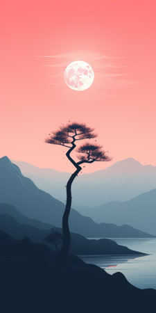 lone tree at sunset, silhouetted against a nature scene in a landscape design illustration. inspired by japanese folklore art, this minimalist artwork by scott listfield features dark pink and light gray tones. the 8k resolution showcases the intricate details of the mountainous vistas, making it a captivating piece of concept art. ai generatedの素材